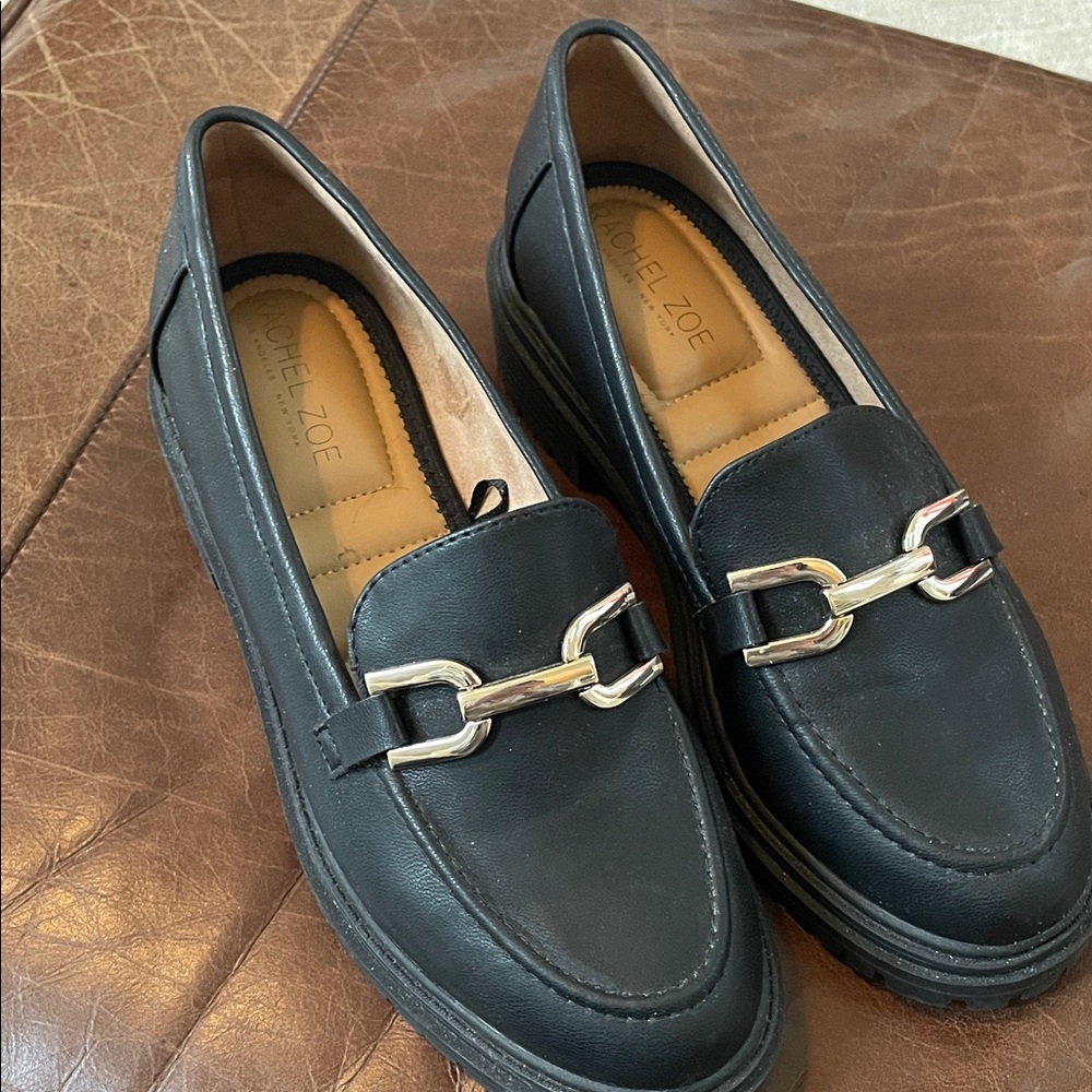 Rachel Zoe Black Leather Loafers with Gold Horsebit Accent